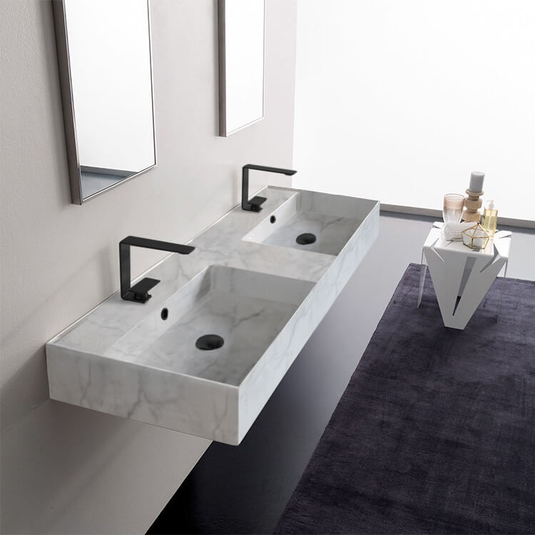 Scarabeo 5116-F-Two Hole Marble Design Ceramic Wall Mounted or Vessel Double Sink With Counter Space